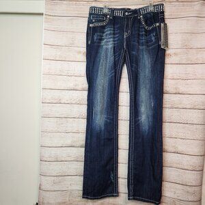 MISS ME Jeans Women's Straight Blue Denim Heavy Studded Rhinestone Size 33